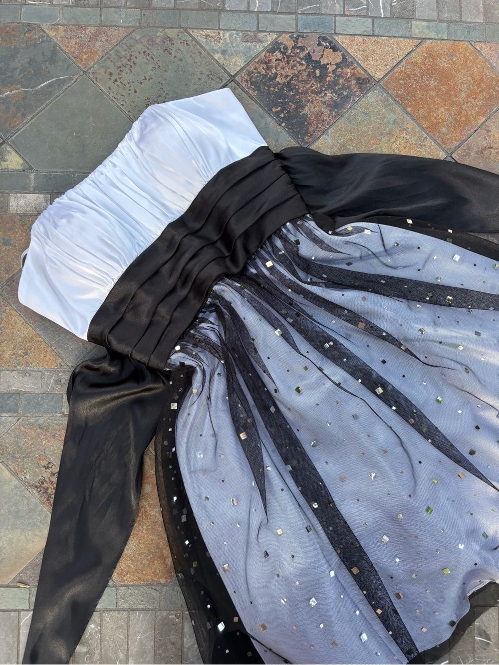 Strapless Black and White Sequin-Trim Evening Dress
